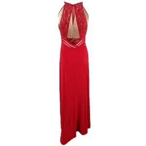 Morgan & Company Juniors' Sequined Lace Halter Gown (5, Red/Nude)